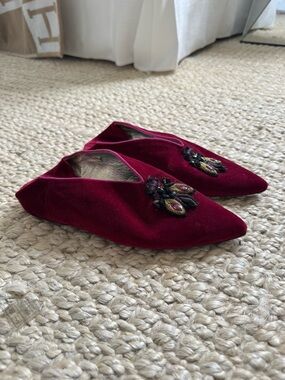 Figue $750 Burgundy Velvet Pointed Backless Embellished Mules Moroccan slide